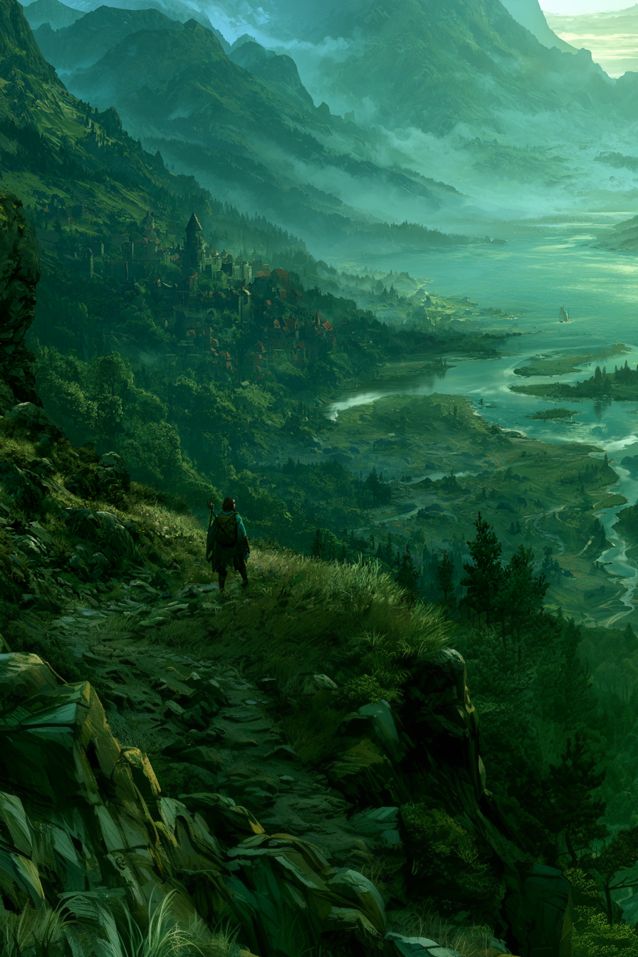 Person standing on a mountain path overlooking a valley with trees and water.